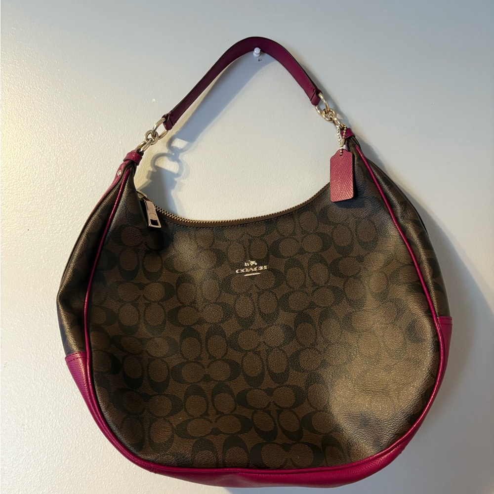 Coach Signature Brown and Pink Hobo Bag